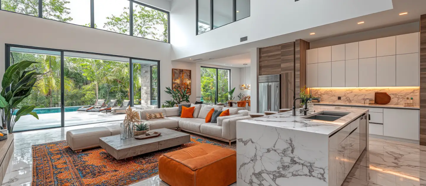 Ein Haus kaufen mit viel Glasfenstern mit blick ins Grüne vom Wohnzimmer am Niederrhein.