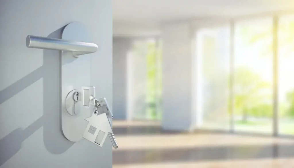 Der Innenraum einer hellen Wohnung zeigt den Blick ins Grüne.