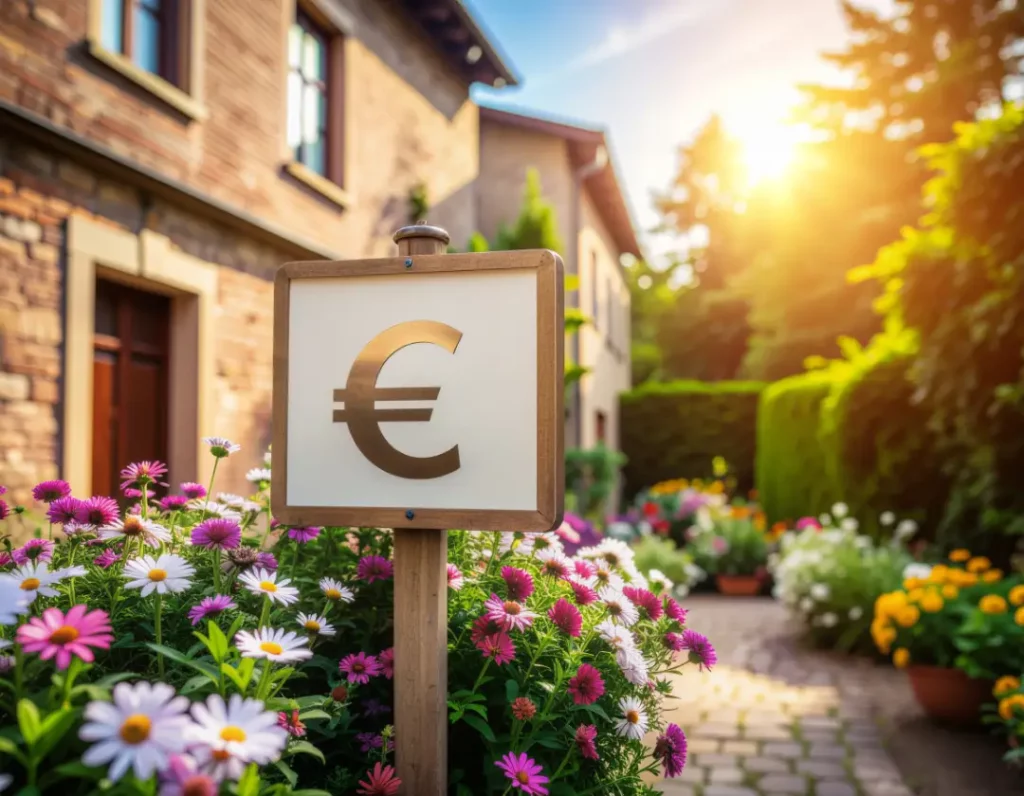 Vor einem Backsteinhaus mit Vorgarten steht ein Schild mit einem Eurozeichen. 
