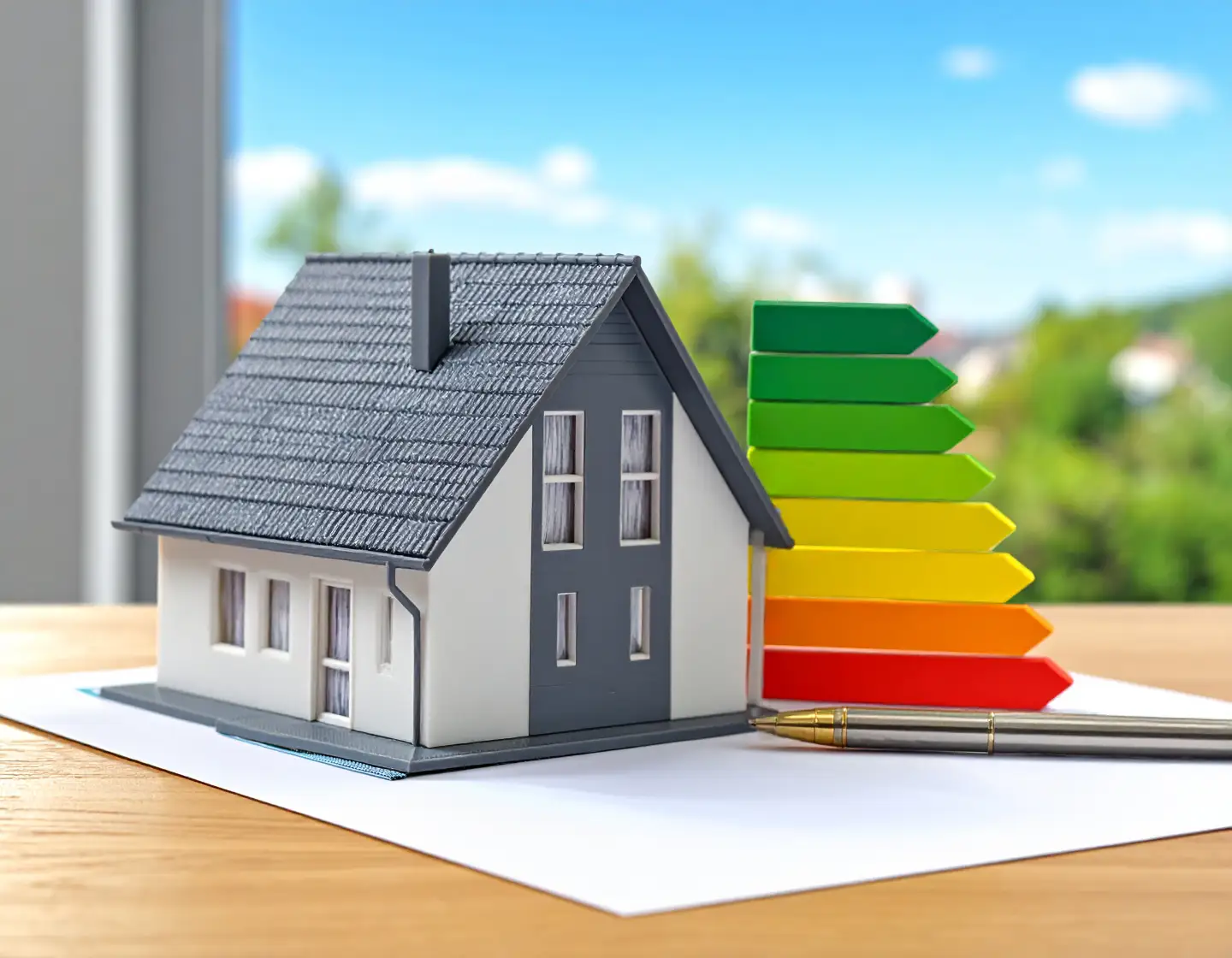 Neben einem Miniaturhaus sieht man die Farbskala eines Energieausweises.