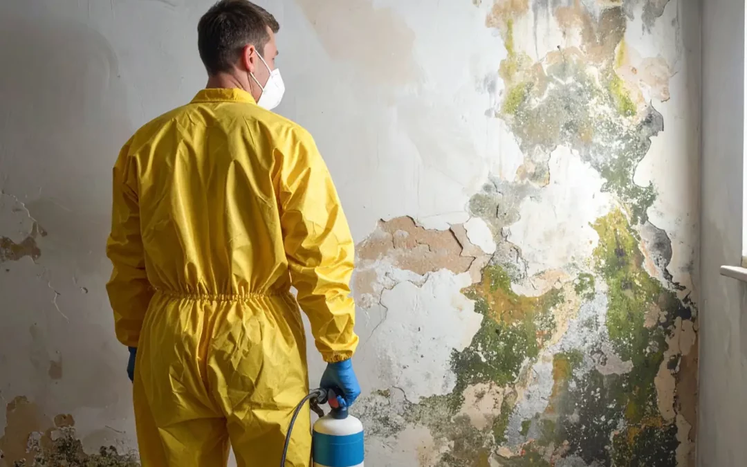 Ein Mann steht vor einer Wand mit Schimmel und trägt Schutzkleidung, Maske und hat einen Reiniger in der Hand.