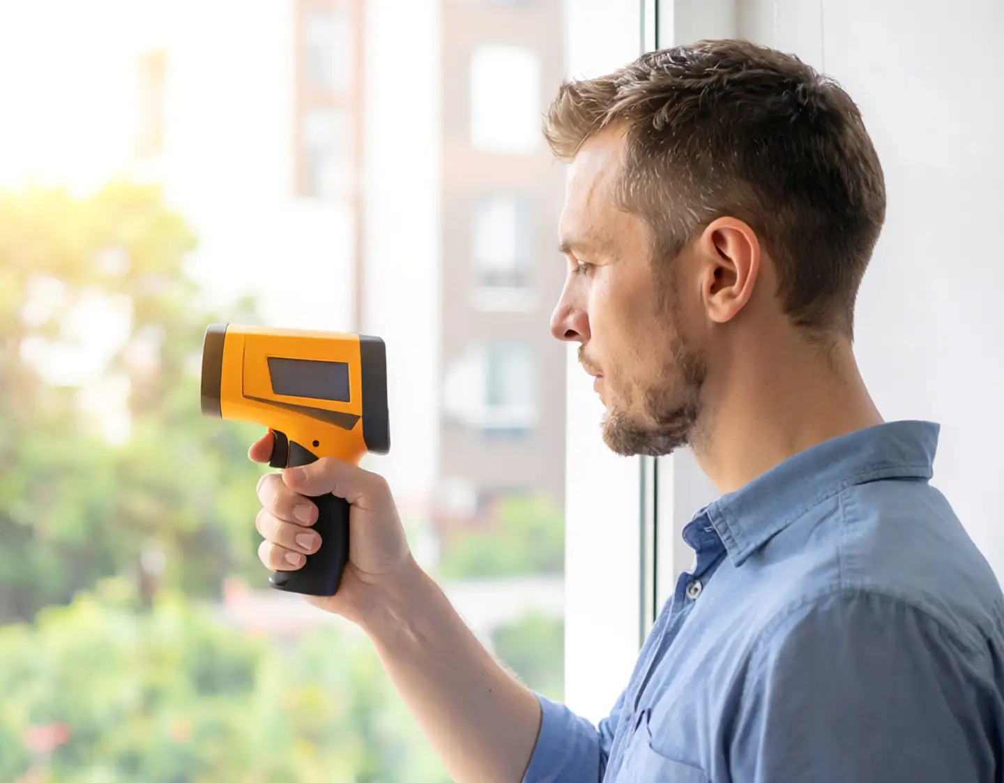 Junger Mann hält Gerät für Thermografie am Fenster eines Hauses.