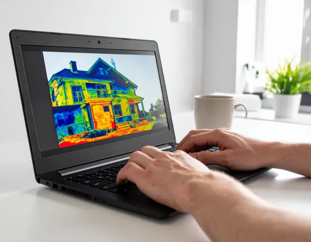 Jemand tippt ins Laptop, auf dem das Wärmebild eines Hauses auf dem Bildschirm zu sehen ist. 