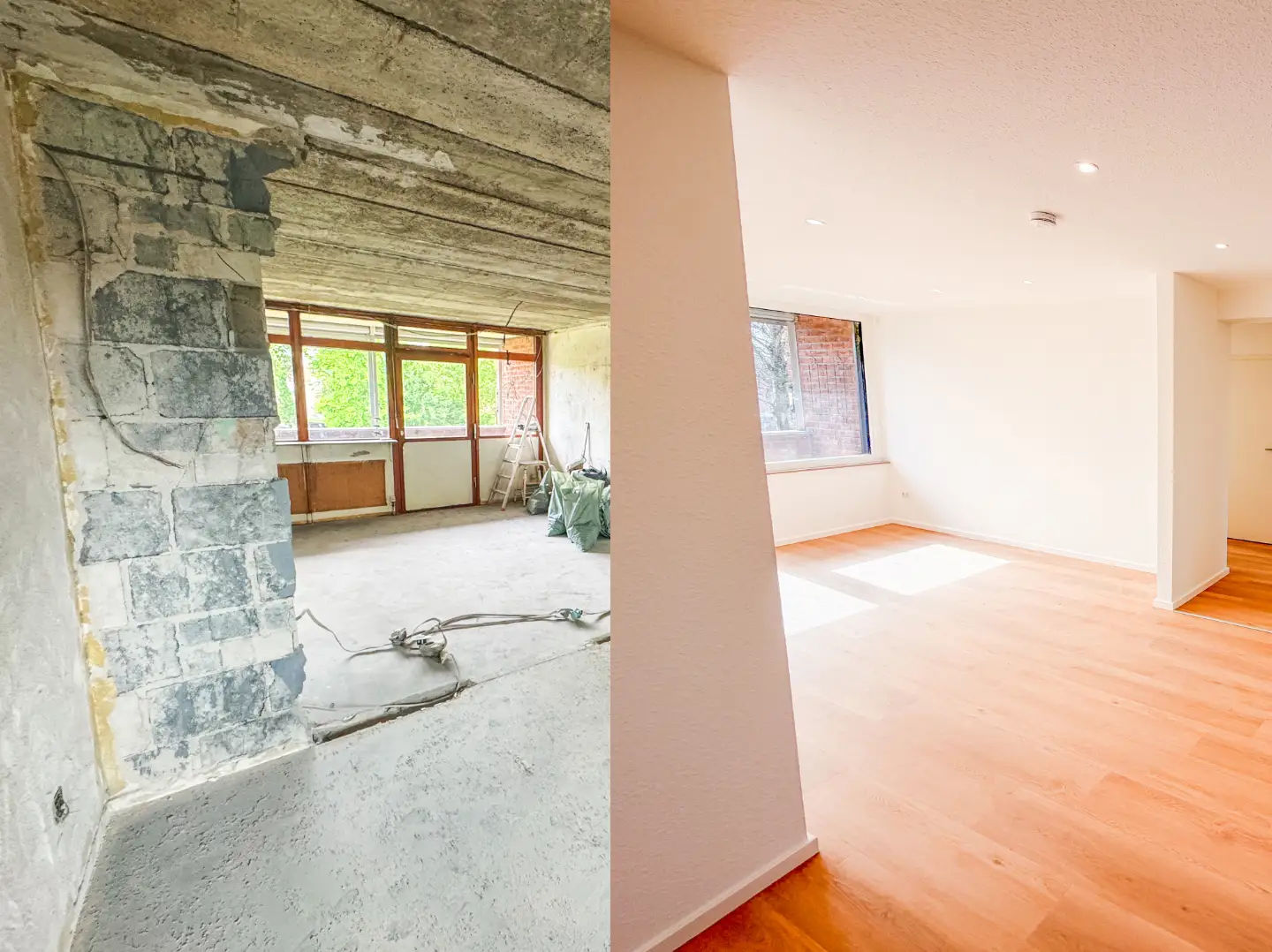 Großer Wohnraum vor und nach der Sanierung