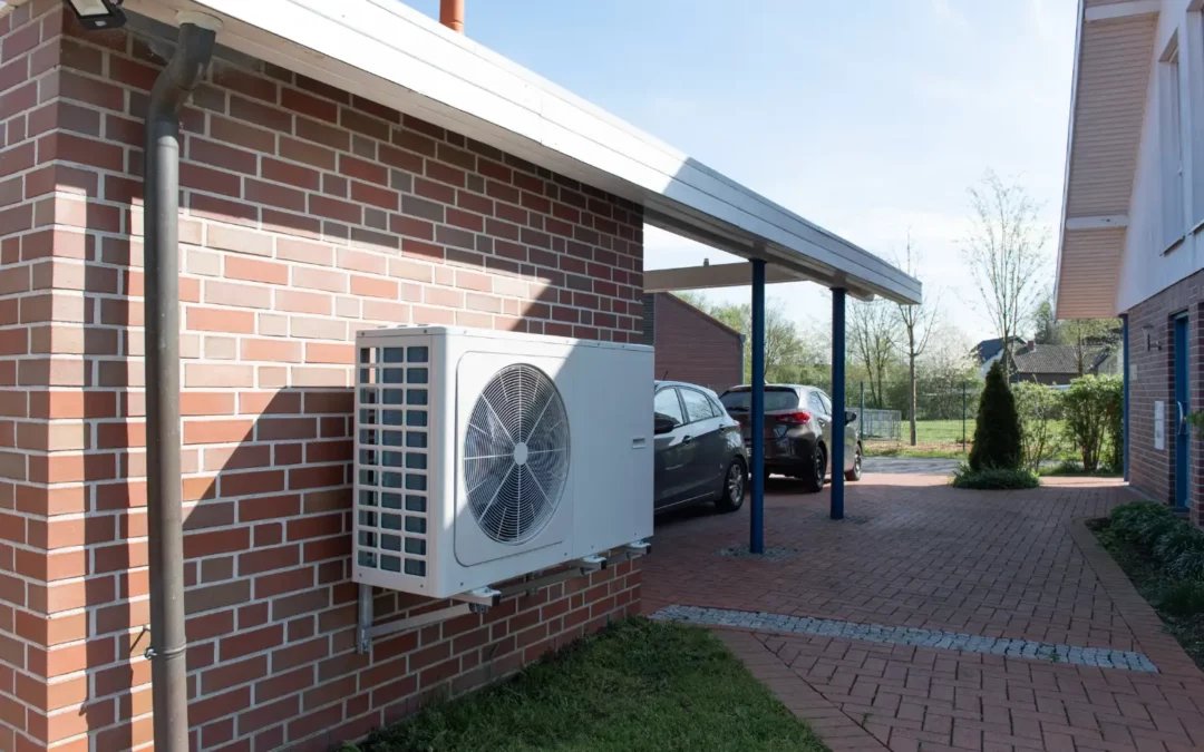 An einer Garage gegenüber eines Hauses steht eine Wärmepumpe. Im Hintergrund sieht man zwei Autos vor der Garage.